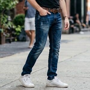 Abstract One Men’s Denim Jeans 34W x 30L Med Blue Wash Contrast Stitching EUC